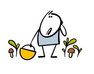 Funny stickman with basket got lost in  forest, looking for mushrooms. Vector illustration of disgruntled man in nature thinking about plants. Isolated hand drawn character on white background.