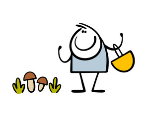 Obraz premium Doodle man found a lot of mushrooms in the forest. Vector illustration of collector and a hunter. Cartoon stickman holds an empty basket and rejoices in the loot. Funny walk in nature.