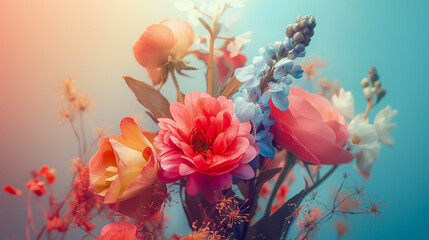 A vibrant bouquet featuring a mix of pink, blue, and peach flowers set against a soft gradient background, blending warm and cool tones. The image evokes a sense of freshness and beauty.