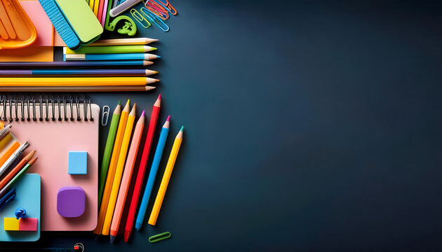 vibrant assortment school supplies neatly organized dark background featuring colorful notebooks pencils educational tools