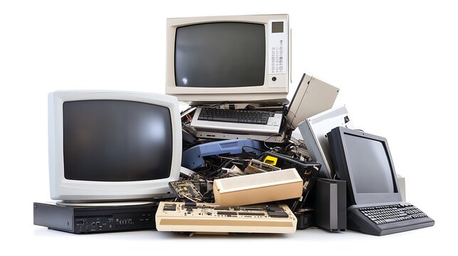 a pile of old electronics, including TVs, VCRs, and a computer.