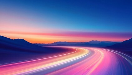 A road in the desert with mountains on both sides and car light trails