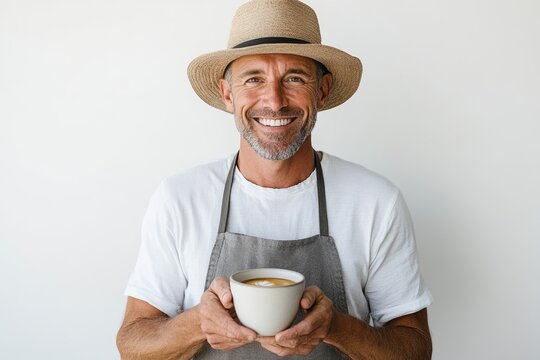 Smiling man in apron and hat holding coffee cup, standing against a white background. Barista or coffee enthusiast enjoying a warm drink.