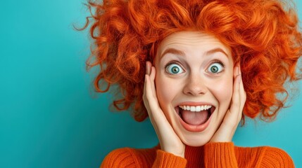 A woman with red hair and orange sweater making a funny face, AI