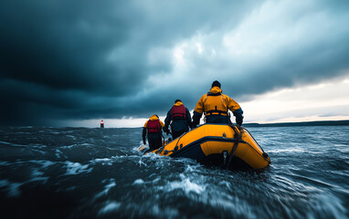 A group of rescuers pulling a lifeboat ashore under the glow of the lighthouse, with storm clouds rolling in the background