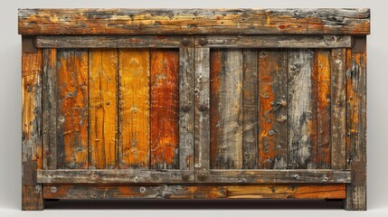 A weathered wooden cabinet with a vintage aesthetic. The cabinet has a combination of orange and yellow tones, with peeling paint and visible nails.