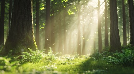 Obraz premium Sunlit Forest Sanctuary: Tranquil morning light bathes a lush green forest, illuminating a verdant path amidst towering trees. 