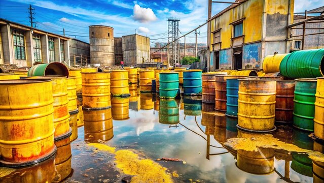 Toxic waste barrels in a contaminated industrial area, leaking hazardous dioxin chemicals, posing a serious threat to human health and the environment.