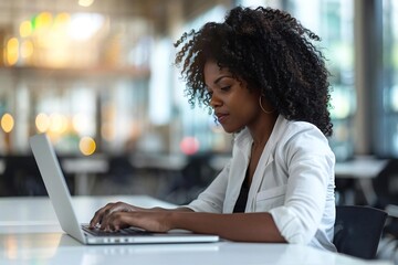 African American woman checking her credit score online on a laptop.