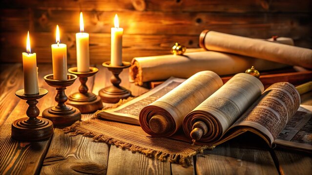 Traditional scrolls of sacred scripture lie open on a wooden table, surrounded by candles, scrolls, and prayer shawls, evoking a sense of reverence and contemplation.