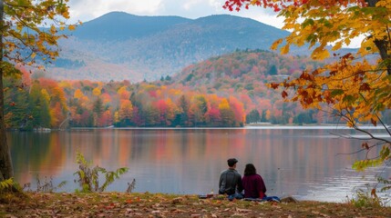 A couple sits by a serene lake, surrounded by vibrant autumn foliage, reflecting the stunning mountain landscape.