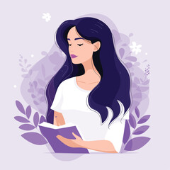 Elegant illustration of a woman with dark hair writing in a notebook, purple leaves in the background.
