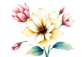 Fototapeta premium Wtercolor flower isolated on white background. A vibrant yellow and orange lotus flower with green leaves, against a white background