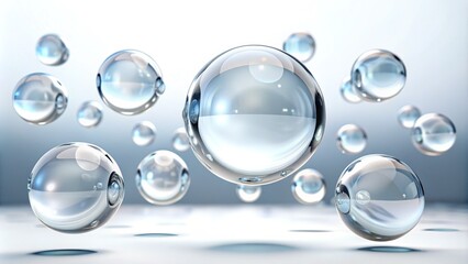 Transparent glycerin droplets suspend in mid-air, isolated on a pure white background, showcasing their smooth, rounded surfaces and refraction of light.