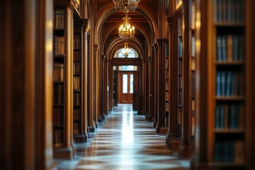 Obraz premium Blur background of majestic library corridor with wooden bookshelves and ornate chandeliers, reflecting rich historical and literary tradition. Heritage and preservation. with generative ai