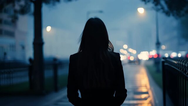 Woman walks along empty city street at night. Evening stroll. Girl scared and dangerous to walk alone. Anxious town atmosphere. True crime story concept. Person go home late through dark urban alley.