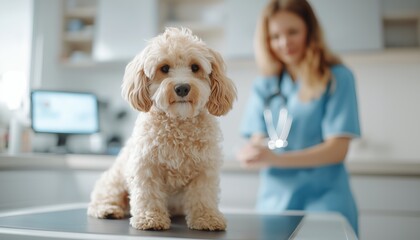 Adorable poodle dog on vet table with veterinarian in the background, providing healthcare in a modern clinic.