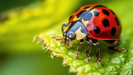 Obraz premium Red ladybug on green leaf with black dots.