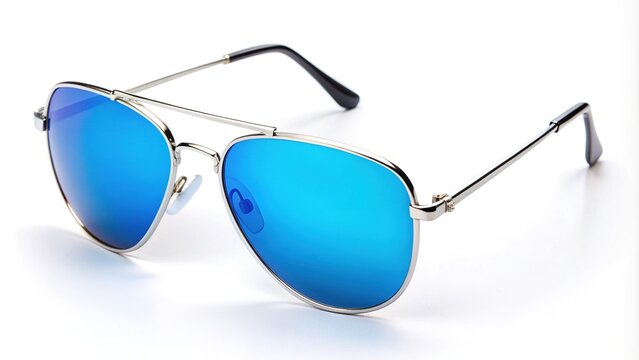 Trendy, shiny, silver-framed sunglasses with bright blue reflective lenses and sleek, ergonomic design, lying on a white background, ready for a stylish summer outing.