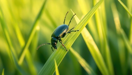 Fototapeta premium A green beetle crawls on a blade of grass.