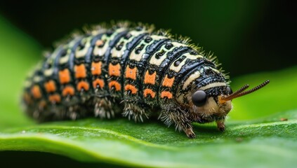 Fototapeta premium A colorful caterpillar on a green leaf.