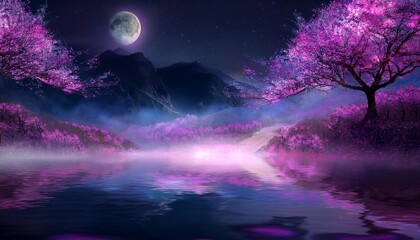 Fototapeta premium 華麗な夜桜の風景にミステリアスな霧を表現し、幻想的な春の香りを漂わせる Generated by AI