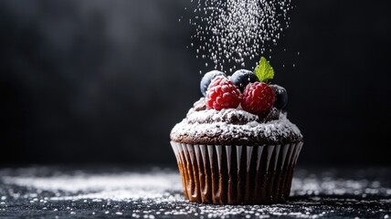  A rich chocolate cupcake delicately dusted with powdered sugar, topped with berries against a dark backdrop.