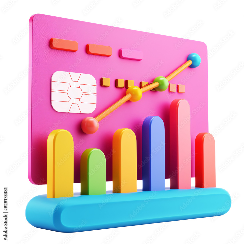 Wall mural 3d icon of a colorful credit card with data points, white isolated background for clipping