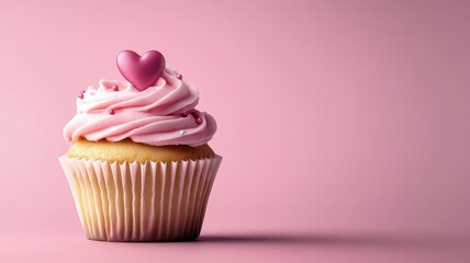  A vanilla cupcake with a swirl of pink frosting and a heart-shaped topper, set against a soft pink background.