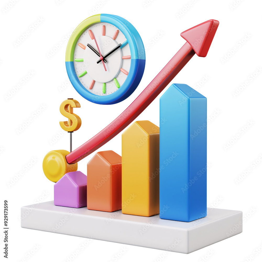 Wall mural 3d icon of a colorful bar chart with a clock, white isolated background for clipping