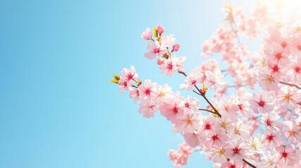 Beautiful pink sakura blossoms in full bloom against a clear blue sky, symbolizing springtime.