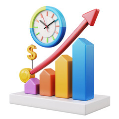 3D icon of a colorful bar chart with a clock, white isolated background for clipping