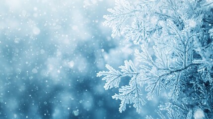 Winter's Embrace: Frosty pine bough glistens in ethereal snowfall, a serene blue backdrop of winter wonderland magic. 