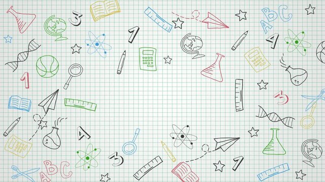 Hand drawn colored school icon of simple decorative elements. White paper in a grid in a cell. Loop hand drawn animation.