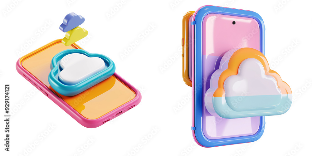 Wall mural 3d icon of a colorful mobile phone with a cloud computing symbol, white isolated background for clip