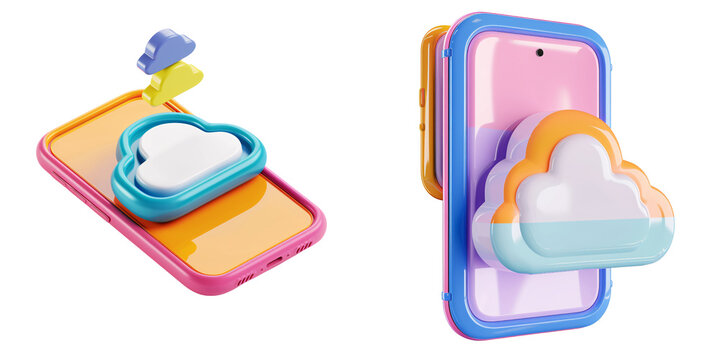 3D icon of a colorful mobile phone with a cloud computing symbol, white isolated background for clipping