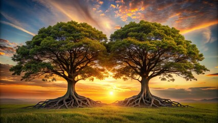 Two interconnected trees with roots merged together, symbolizing strong alliance, mutual support, and collaborative success in a serene natural landscape at sunset.