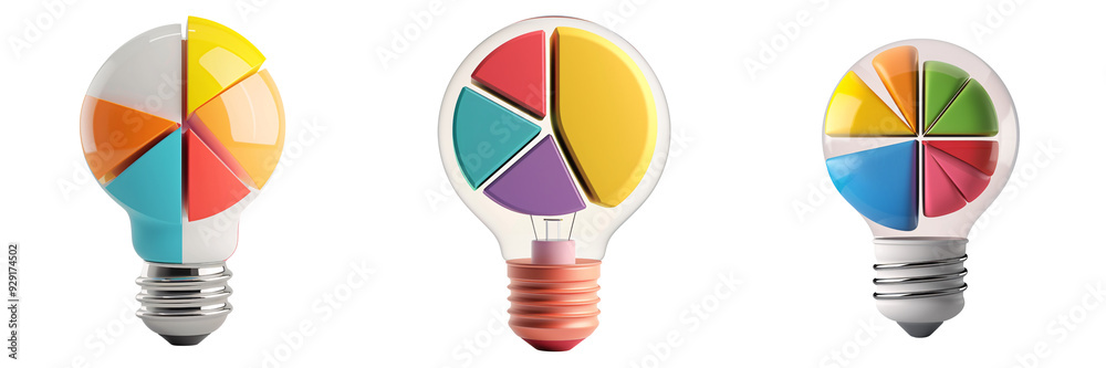 Wall mural 3d icon of a colorful light bulb with a pie chart, white isolated background for clipping