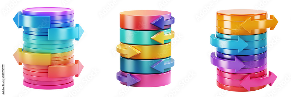 Wall mural 3d icon of a colorful database with arrows, white isolated background for clipping