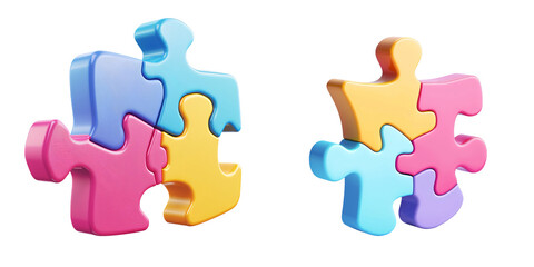 3D icon of a colorful puzzle piece fitting into place, white isolated background for clipping