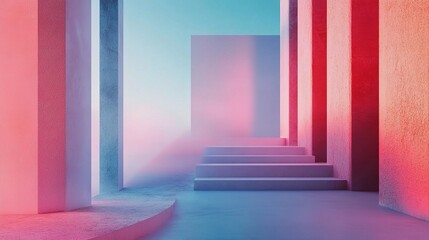 Fototapeta premium Neon Dreamscape: A surreal, futuristic space illuminated by vibrant hues of pink and blue, featuring geometric structures and a mysterious, smoky atmosphere. 