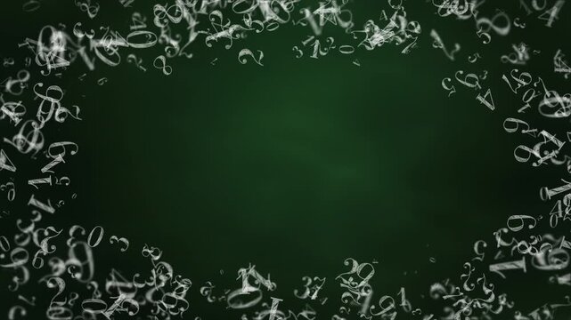 Animated frame with space for text on a green chalkboard. Hand drawn flying numbers. Looped motion graphics.