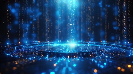 Obraz premium A 3D rendered image of a stage with blue spotlights and sparkling glitter.