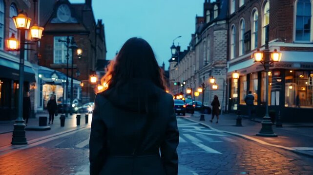 Alone woman walks along beautiful cozy european city street. Evening stroll. Female person go home late through dark urban alley near cafe, shops. Tourist girl travel Europe explore town architecture.