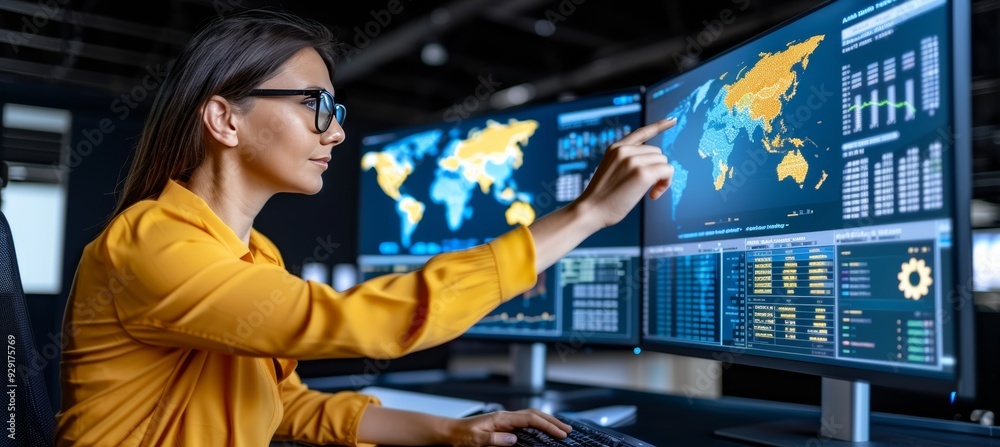 Poster focused female analyst working with global data on multiple computer screens in control room