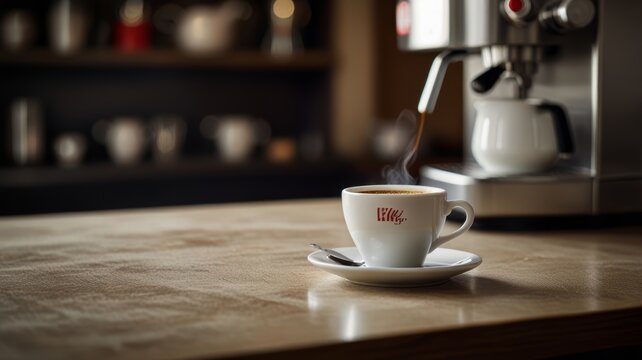 Authentic Italian coffee shop. Strong espresso pours into a white cup, shaped like Illy's signature cup.
