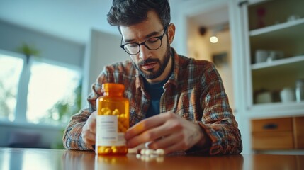 A man carefully looks at his prescription pills while seated at a table