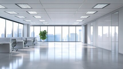 Fototapeta premium Modern Office, City Views, Ready for Business: A pristine and spacious office space awaits its occupants, bathed in natural light from expansive windows showcasing a panoramic cityscape.