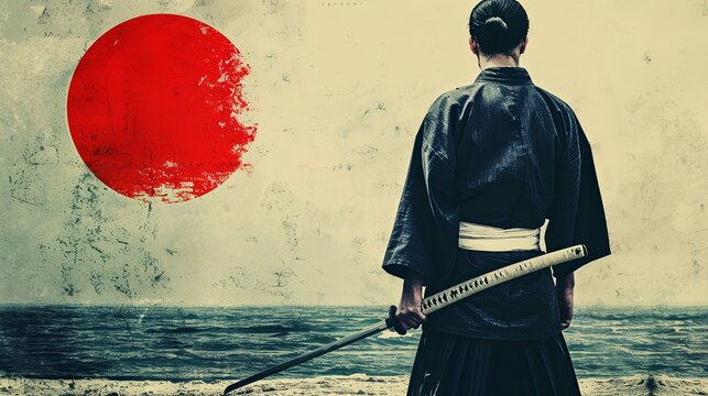 Japanese art with ancient design of man warrior with sword on background with big circle symbolizing rising sun. Illustration for cover, card, postcard, interior design, brochure or presentation.