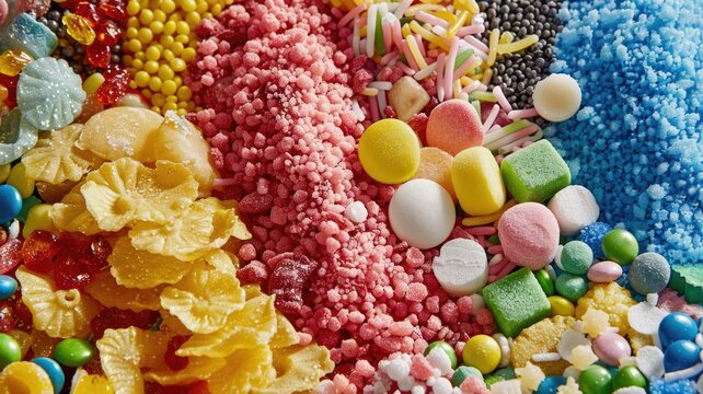 A magnified view of the artificial ingredients in ultra-processed foods, such as preservatives, artificial colors, and emulsifiers